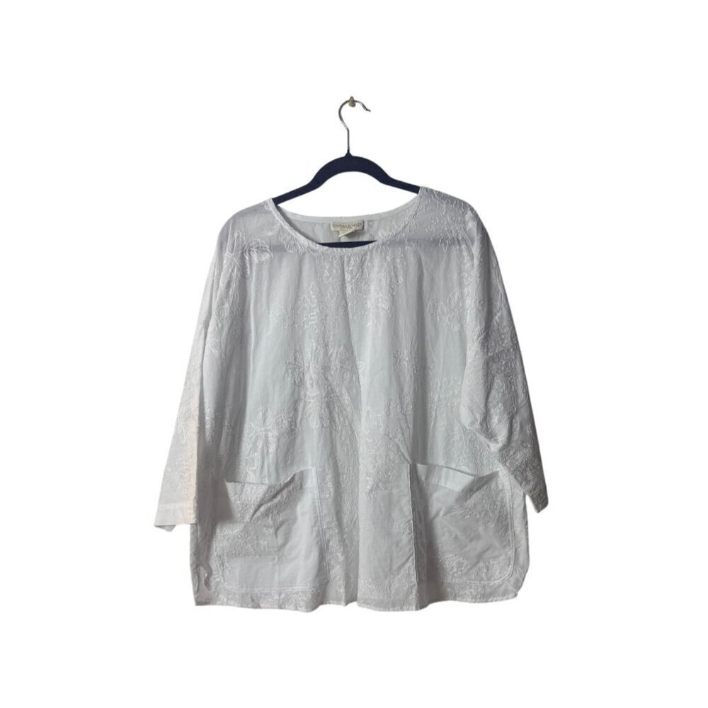 Cynthia Rowley Womens Embroidered White Blouse 1X 100% Cotton 3/4 Sleeve Loose F